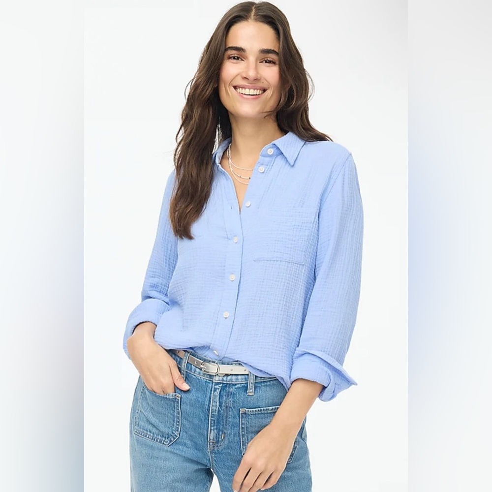 NWT J. Crew Women’s Gauze button-up shirt - Large - Green Sky **FLAWED**